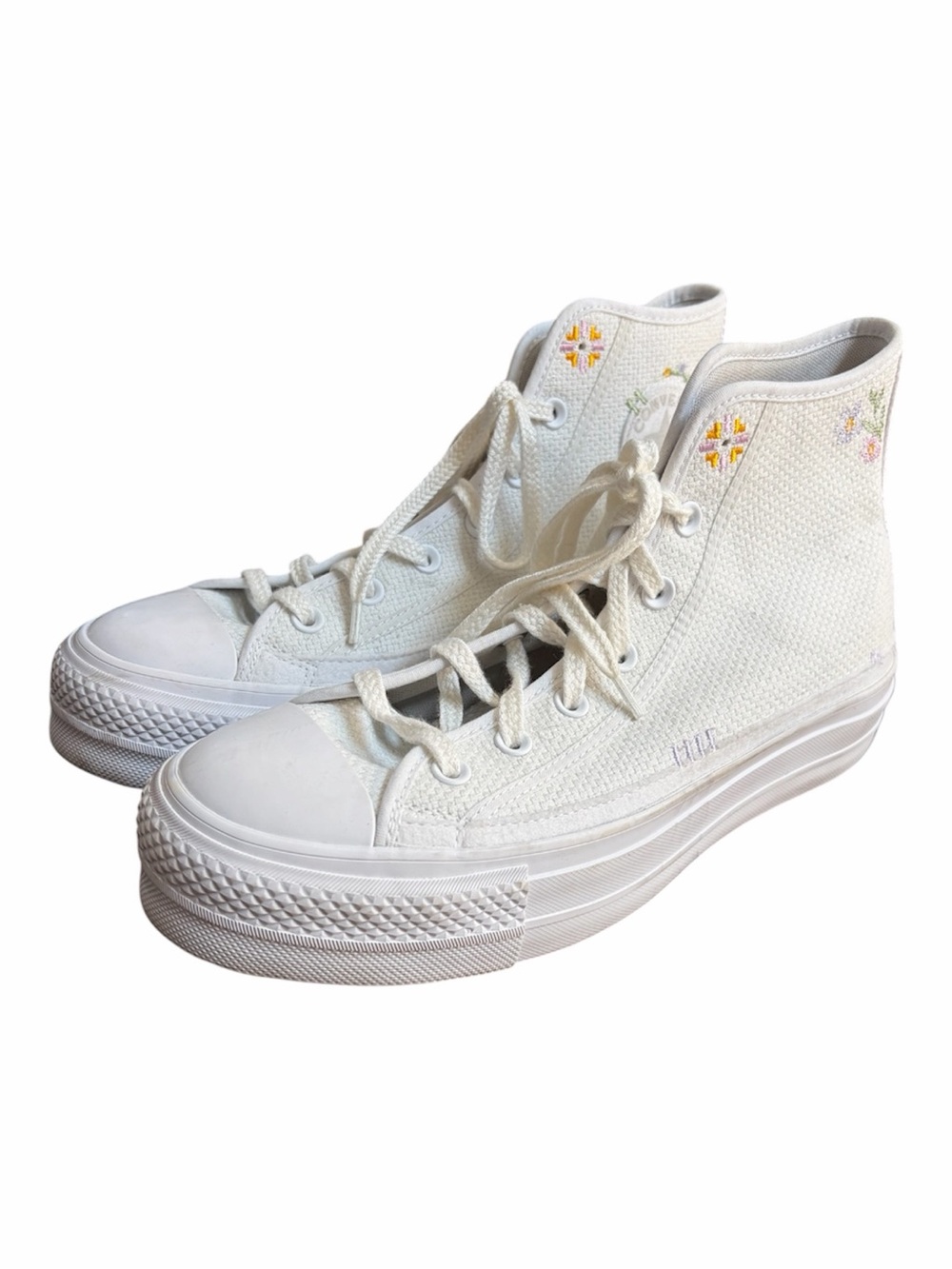Converse White High-Top Platform Sneakers with Tiny Floral Embroidery